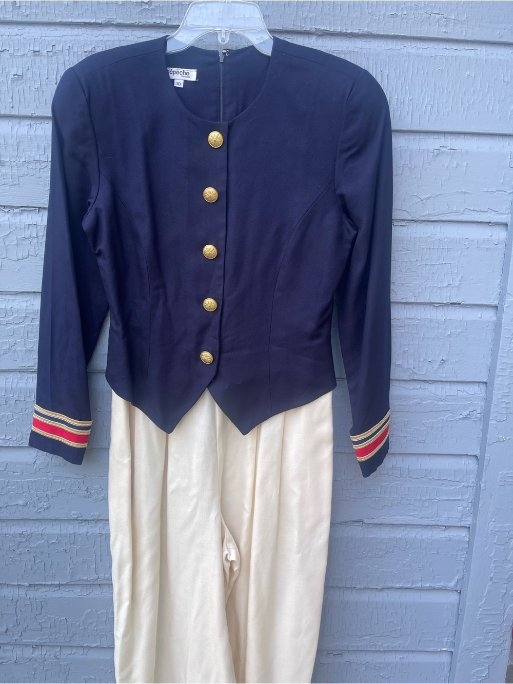 Vintage Depeche Jumpsuit Navy Peplum Jacket with White Cuffed Wide Leg Pants